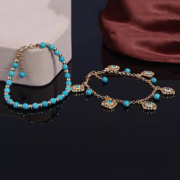 Boho Bohemian Gold Toned Turquoise Beaded Anklet - Picture 7 of 13